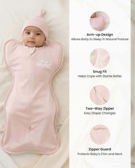 Twingle 100% Organic Cotton Sleeping Bag with Beanie-Snug Fit & Arms Up Design for Natural Body Posture-Zip Guard to Protect Baby's Chin & Neck-Two Way Zipper for Easy Diaper Change-Solid-Lotus-For Infants