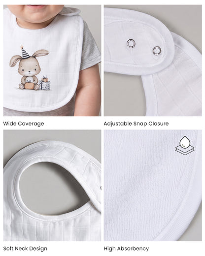 Twingle 100% Organic Muslin Bib-Soft Terry on the Back for maximum Absorbency-Trusted YKK Snaps-Bday Bunny-Pack of 2-For Infants