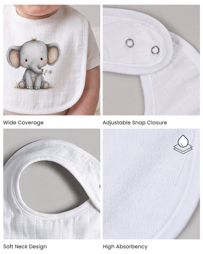 Twingle 100% Organic Muslin Bib-Soft Terry on the Back for maximum Absorbency-Trusted YKK Snaps-Ellie Elephant-Pack of 2-For Infants