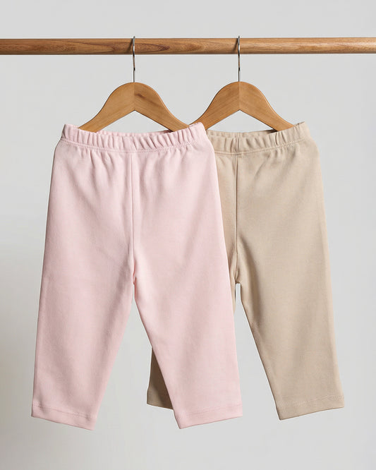 Twingle 100% Organic Cotton Leggings-Soft Elasticated Waistband-No Itchy Tags-Solid-Pastel Pink & Beige-Pack of 2-For Infants