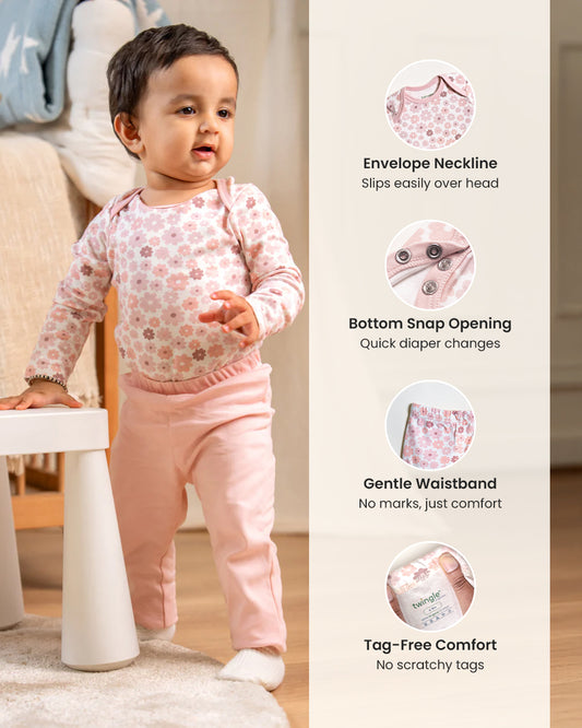 Twingle 100% Organic Cotton Bodysuit with Leggings-Envelope Neck for Easy Dressing-No Itchy Tags-Soft Elasticated Waistband-Long Sleeves-Floral Print-Pastel Pink-For Infants