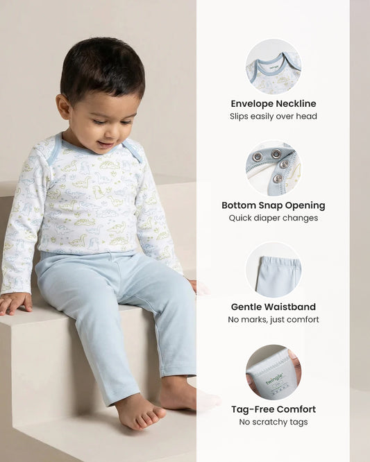Twingle 100% Organic Cotton Bodysuit with Leggings-Envelope Neck for Easy Dressing-No Itchy Tags-Soft Elasticated Waistband-Long Sleeves-Dino Print-White-For Infants