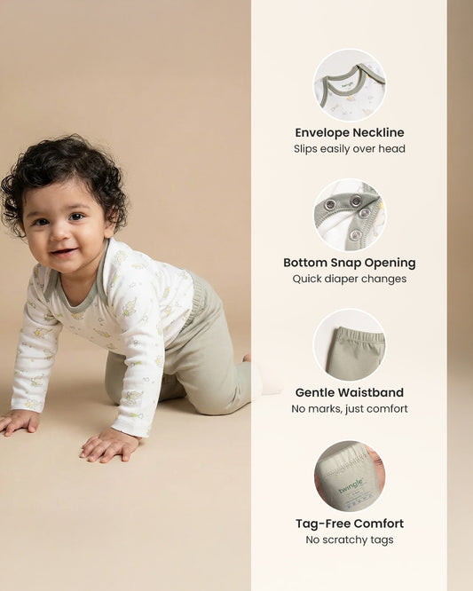 Twingle 100% Organic Cotton Bodysuit with Leggings-Envelope Neck for Easy Dressing-No Itchy Tags-Soft Elasticated Waistband-Long Sleeves-Elephant Print-White-For Infants