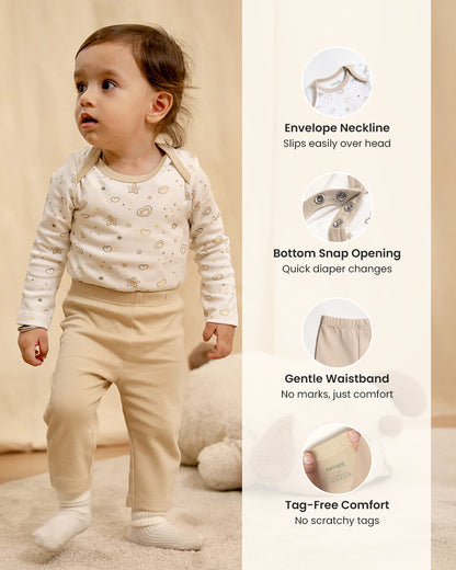 Twingle 100% Organic Cotton Bodysuit with Leggings-Envelope Neck for Easy Dressing-No Itchy Tags-Soft Elasticated Waistband-Long Sleeves-Hearts & Stars Print-White-For Infants