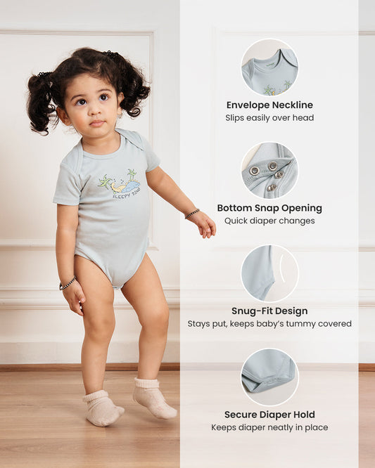 Twingle 100% Organic Cotton Bodysuit-Envelope Neck for Easy Dressing-Nickel Free Snaps-Dino Print-Light Blue-Pack of 2-For Infants