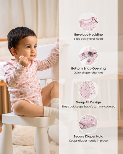 Twingle 100% Organic Cotton Bodysuit-Envelope Neck for Easy Dressing-Nickel Free Snaps-Long Sleeves-Floral Print-Pastel Pink-For Infants