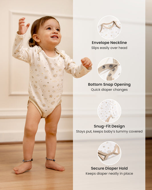 Twingle 100% Organic Cotton Baby Bodysuit-Long Sleeves-Nickel Free Snaps-White-Hearts & Stars Print-For Infants