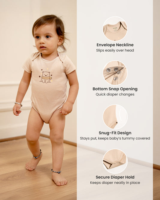 Twingle 100% Organic Cotton Baby Bodysuit-Short Sleeves-Nickel Free Snaps-Beige-Solid-For Infants