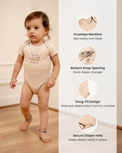 Twingle 100% Organic Cotton Bodysuit-Envelope Neck for Easy Dressing-Nickel Free Snaps-Hearts & Stars Print-Beige-Pack of 2-For Infants