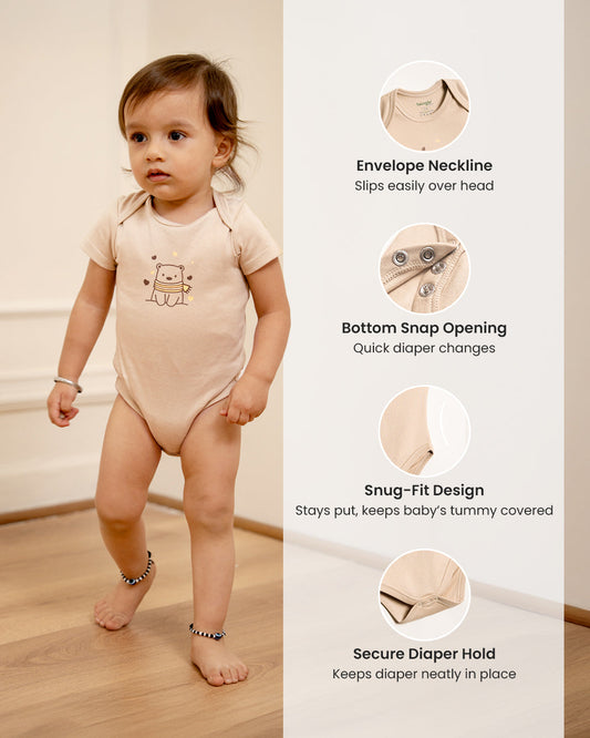 Twingle 100% Organic Cotton Bodysuit-Envelope Neck for Easy Dressing-Nickel Free Snaps-Hearts & Stars Print-Beige-Pack of 2-For Infants