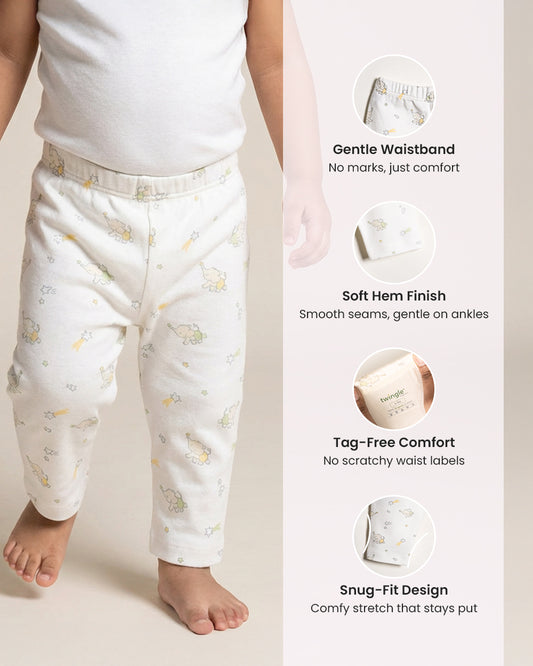 Twingle 100% Organic Cotton Leggings-Soft Elasticated Waistband-No Itchy Tags-Elephant Print-White-For Infants