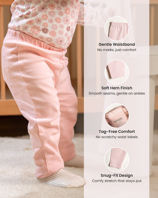 Twingle 100% Organic Cotton Leggings-Soft Elasticated Waistband-No Itchy Tags-Solid-Pastel Pink-For Infants
