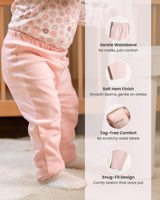 Twingle 100% Organic Cotton Leggings-Soft Elasticated Waistband-No Itchy Tags-Solid-Floral Print-Pastel Pink-Pack of 2-For Infants