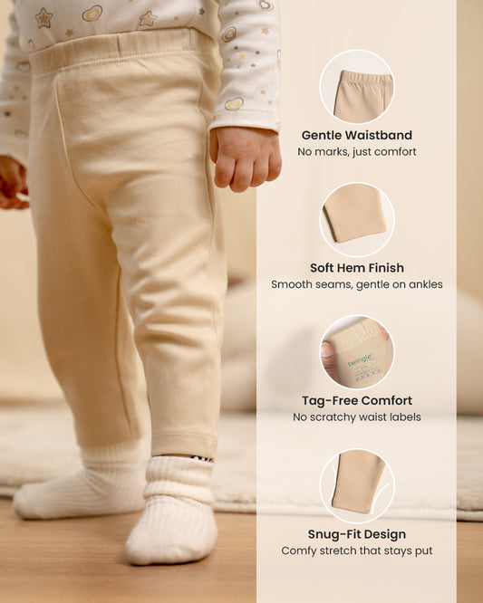 Twingle 100% Organic Cotton Baby Leggings-Pajama-Gentle Waistband-Tag Free Comfort-Beige-Solid-For Infants