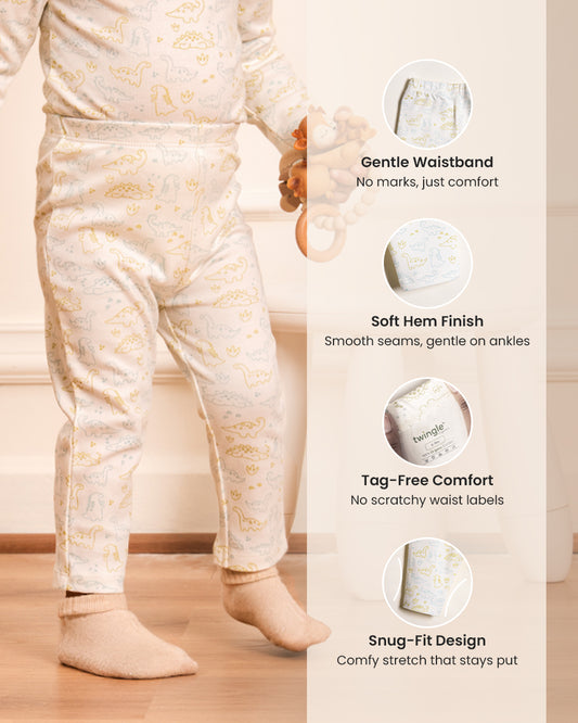 Twingle 100% Organic Cotton Baby Leggings-Pajama-Gentle Waistband-Tag Free Comfort-White-Dino Print-For Infants