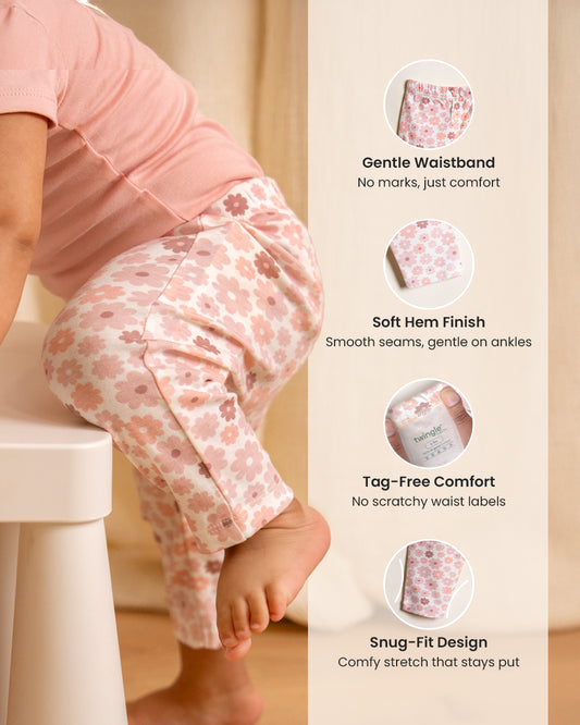 Twingle 100% Organic Cotton Baby Leggings-Pajama-Gentle Waistband-Tag Free Comfort-Pastel Pink-Floral Print-For Infants