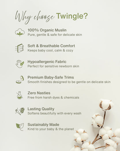Twingle 100% Organic Muslin Cozy Roars Baby Bedding Set-Pack of 5-Reversible Quilt, All-round Elastic Bedsheet, Pillow & Bolsters-White & Grey-For Infants