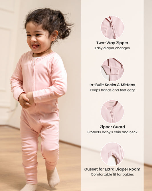 Twingle 100% Organic Cotton Sleepsuit-Zip Guard to Protect Baby's Chin & Neck-Two Way Zipper for Easy Diaper Change-Inbuilt Booties & Mittens-Solid-Pastel Pink-For Infants