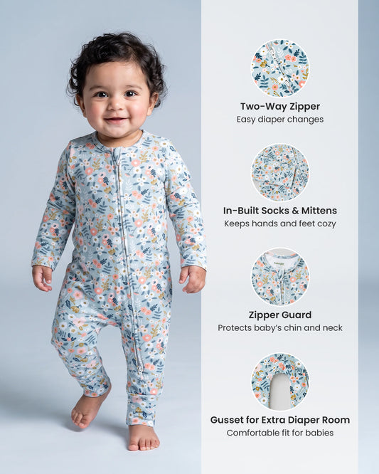 Twingle 100% Organic Cotton Sleepsuit-Zip Guard to Protect Baby's Chin & Neck-Two Way Zipper for Easy Diaper Change-Inbuilt Booties & Mittens-Long Sleeves-Flora Bloom-Multicolor-For Infants