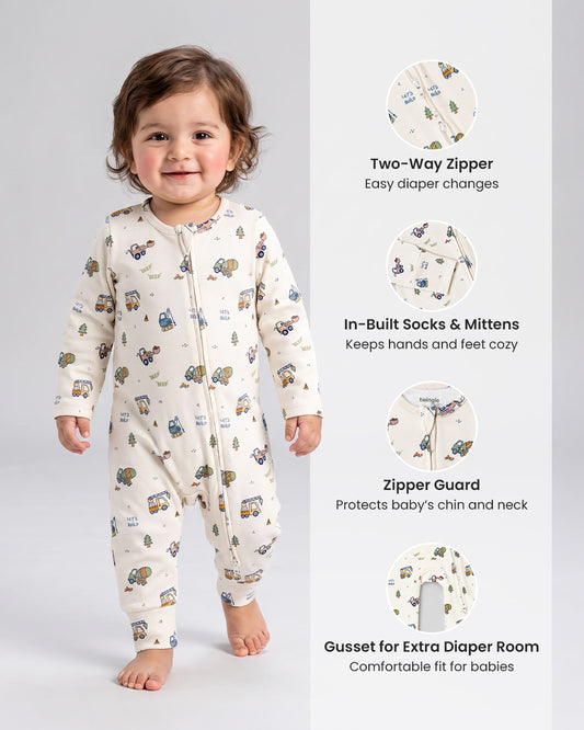 Twingle 100% Organic Cotton Sleepsuit-Zip Guard to Protect Baby's Chin & Neck-Two Way Zipper for Easy Diaper Change-Inbuilt Booties & Mittens-Builder Buddies-Beige-For Infants