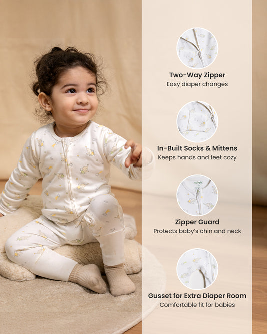 Twingle 100% Organic Cotton Sleepsuit-Zip Guard to Protect Baby's Chin & Neck-Two Way Zipper for Easy Diaper Change-Inbuilt Booties & Mittens-Elephant Print-White-For Infants