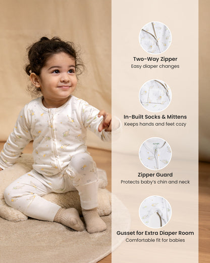 Twingle 100% Organic Cotton Sleepsuit-Zip Guard to Protect Baby's Chin & Neck-Two Way Zipper for Easy Diaper Change-Inbuilt Booties & Mittens-Elephant Print-Sage Green-Pack of 2-For Infants