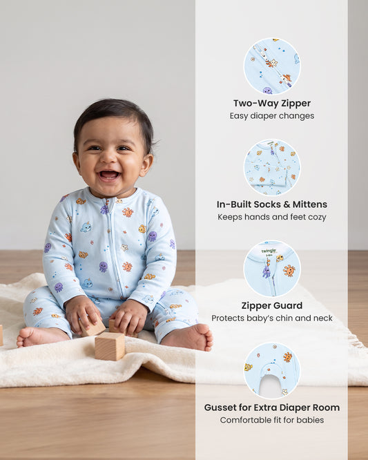 Twingle 100% Organic Cotton Sleepsuit-Zip Guard to Protect Baby's Chin & Neck-Two Way Zipper for Easy Diaper Change-Inbuilt Booties & Mittens-Aqua Squad-Light Blue-For Infants