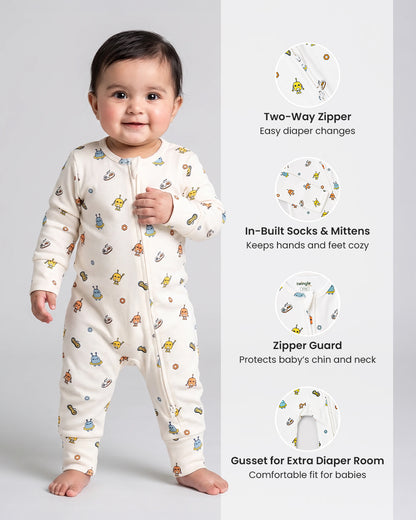 Twingle 100% Organic Cotton Sleepsuit-Zip Guard to Protect Baby's Chin & Neck-Two Way Zipper for Easy Diaper Change-Inbuilt Booties & Mittens-Robo Rides-White-For Infants