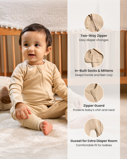 Twingle 100% Organic Cotton Baby Zipsuit-Sleepsuit-Two Way Zipper-Inbuilt Booties & Mittens-Beige-Solid-For Infants