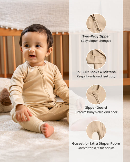 Twingle 100% Organic Cotton Baby Zipsuits-Sleepsuits-Two Way Zipper-Inbuilt Booties & Mittens-Beige & Pastel Pink-Solid-Pack of 2-For Infants