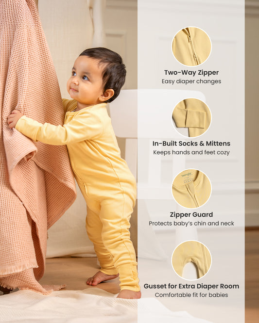 Twingle 100% Organic Cotton Baby Zipsuit-Sleepsuit-Two Way Zipper-Inbuilt Booties & Mittens-Yellow-Solid-For Infants