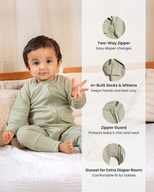 Twingle 100% Organic Cotton Baby Zipsuits-Sleepsuits-Two Way Zipper-Inbuilt Booties & Mittens-Sage Green & Yellow-Solid-Pack of 2-For Infants