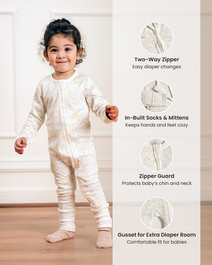 Twingle 100% Organic Cotton Baby Zipsuit-Sleepsuit-Two Way Zipper-Inbuilt Booties & Mittens-White-Dino Print-For Infants