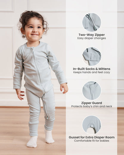 Twingle 100% Organic Cotton Sleepsuit-Zip Guard to Protect Baby's Chin & Neck-Two Way Zipper for Easy Diaper Change-Inbuilt Booties & Mittens-Dino Print-Light Blue-Pack of 2-For Infants
