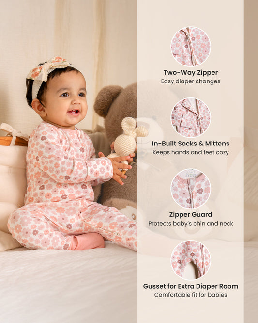 Twingle 100% Organic Cotton Sleepsuit-Zip Guard to Protect Baby's Chin & Neck-Two Way Zipper for Easy Diaper Change-Inbuilt Booties & Mittens-Floral Print-Pastel Pink-For Infants-Pack of 2-For Infants