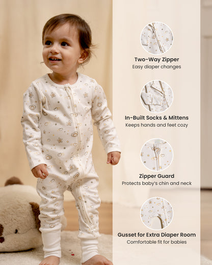 Twingle 100% Organic Cotton Baby Zipsuit-Sleepsuit-Two Way Zipper-Inbuilt Booties & Mittens-White-Hearts & Stars Print-For Infants