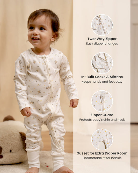 Twingle 100% Organic Cotton Sleepsuit-Zip Guard to Protect Baby's Chin & Neck-Two Way Zipper for Easy Diaper Change-Inbuilt Booties & Mittens-Hearts & Stars Print-Beige-Pack of 2-For Infants