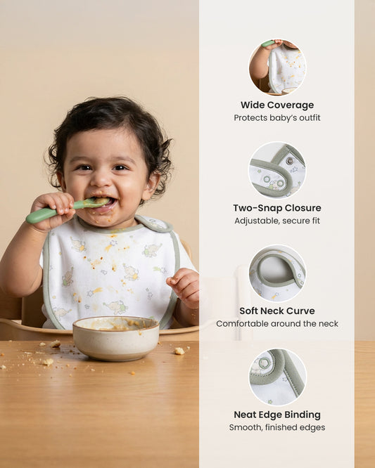 Twingle 100% Organic Cotton Round Bib-Snap Button-Adjustable Size-Tag-Free Comfort-White-Elephant Print-Pack of 2-For Newborn