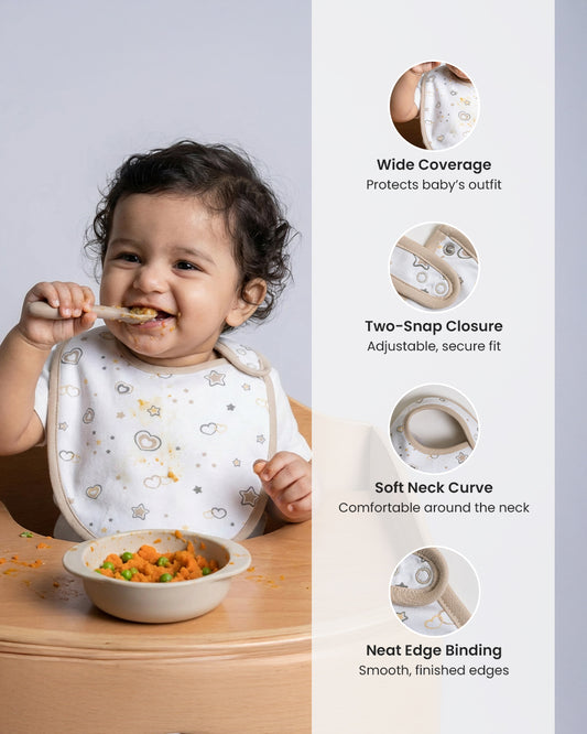 Twingle 100% Organic Cotton Round Bib-Snap Button-Adjustable Size-Tag-Free Comfort-White-Hearts & Stars-Pack of 2-For Newborn