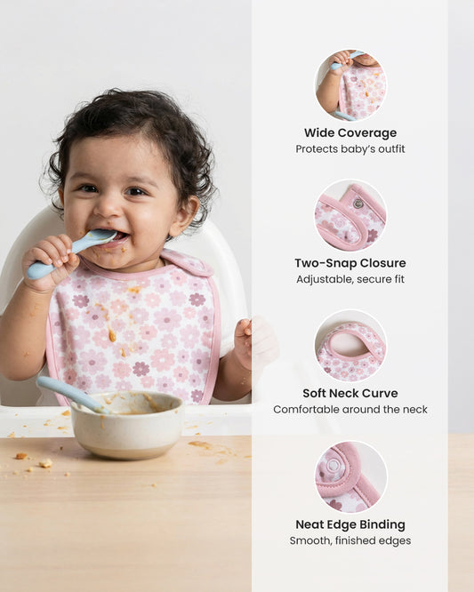 Twingle 100% Organic Cotton Round Bib-Snap Button-Adjustable Size-Tag-Free Comfort-White-Floral Print-Pack of 2-For Newborn