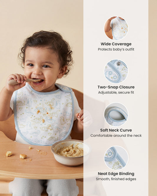 Twingle 100% Organic Cotton Round Bib-Snap Button-Adjustable Size-Tag-Free Comfort-White-Dino Print-Pack of 2-For Newborn
