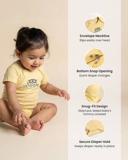 Twingle 100% Organic Cotton Bodysuit-Envelope Neck for Easy Dressing-Nickel Free Snaps-Short Sleeves-Solid-Yellow-For Infants