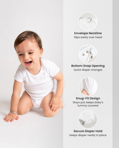 Twingle 100% Organic Cotton Bodysuit Vest-Envelope Neck for Easy Dressing-No Itchy Neck Tags-Short Sleeves-Solid-White-Pack of 3-For Infants