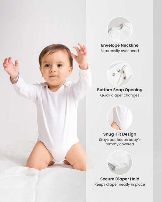 Twingle 100% Organic Cotton Bodysuit Vest-Envelope Neck for Easy Dressing-No Itchy Neck Tags-Long Sleeves-Solid-White-Pack of 3-For Infants
