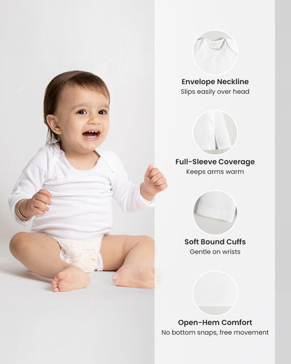 Twingle 100% Organic Cotton Vest-Envelope Neck for Easy Dressing-No Itchy Neck Tags-Long Sleeves-Solid-White-Pack of 3-For Infants