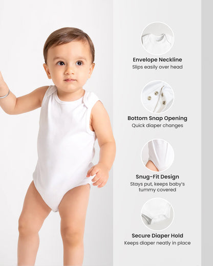 Twingle 100% Organic Cotton Bodysuit Vest-Envelope Neck for Easy Dressing-No Itchy Neck Tags-Sleeveless-Solid-White-Pack of 3-For Infants