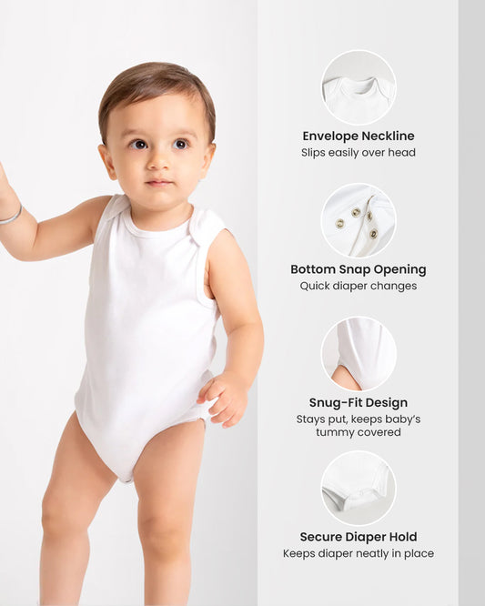 Twingle 100% Organic Cotton Bodysuit Vest-Envelope Neck for Easy Dressing-No Itchy Neck Tags-Sleeveless-Solid-White-Pack of 3-For Infants