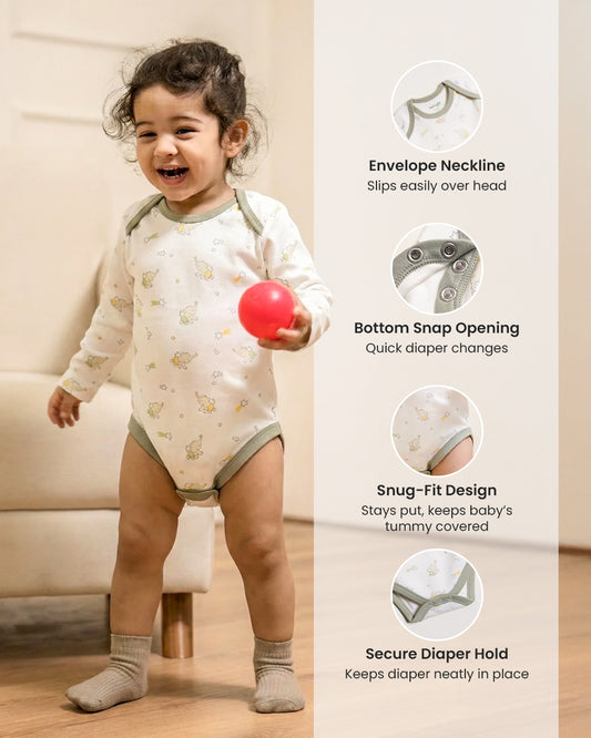 Twingle 100% Organic Cotton Bodysuit-Envelope Neck for Easy Dressing-Nickel Free Snaps-Long Sleeves-Elephant Print-White-For Infants