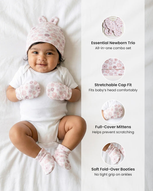 Twingle 100% Organic Cotton Caps, Booties & Mittens Set-Snug Cap-Mittens & Booties-with Soft Elasticated Cuffs for Secure Fit-Floral Print-White-For Infants