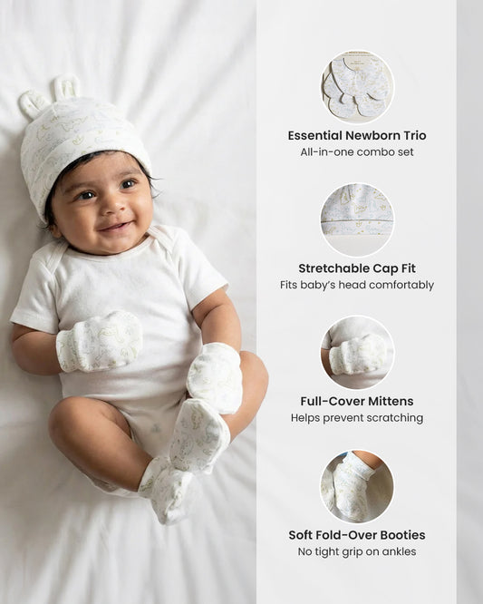 Twingle 100% Organic Cotton Caps, Booties & Mittens Set-Snug Cap-Mittens & Booties-with Soft Elasticated Cuffs for Secure Fit-Dino Print-White-For Infants